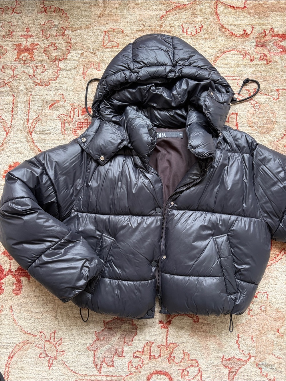 Zara Black Shiny Quilted Hooded Puffer Jacket